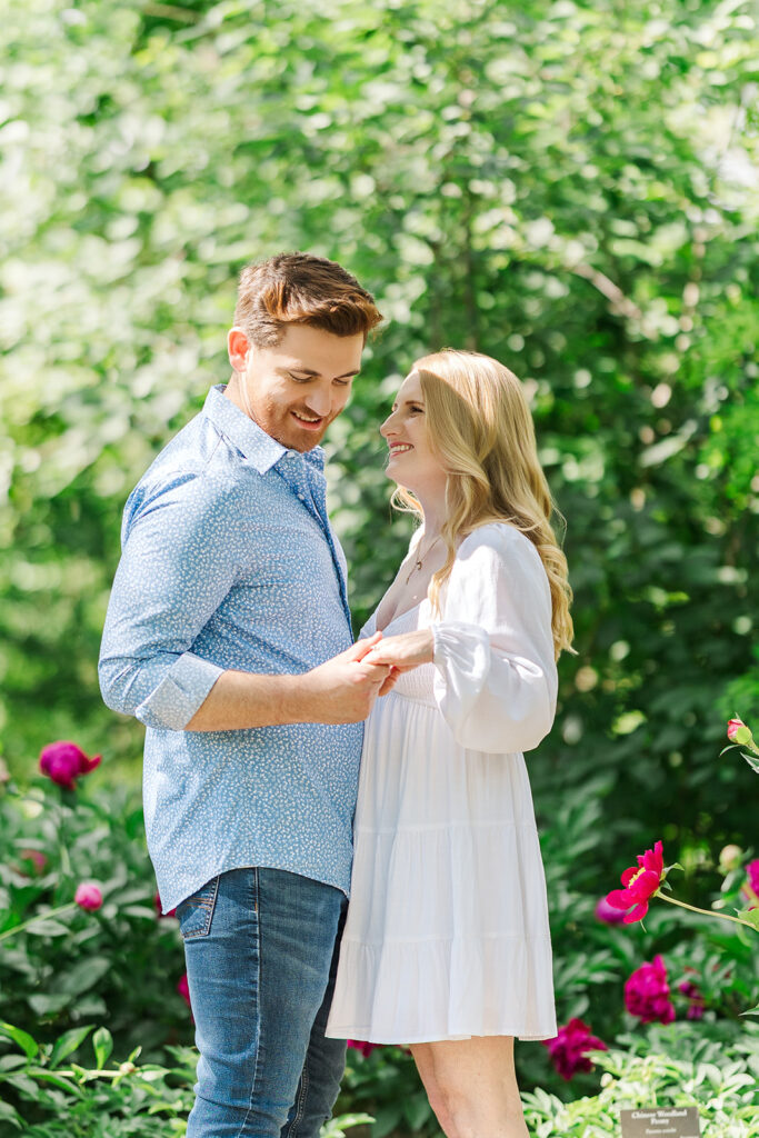 Romantic spring engagement photos at Lauritzen Gardens in Omaha.