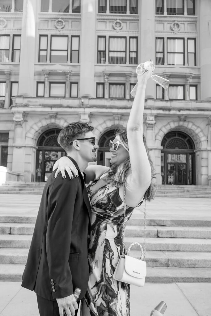 Britt and Tony's downtown Omaha engagement at the Omaha Courthouse and Memoir restaurant.