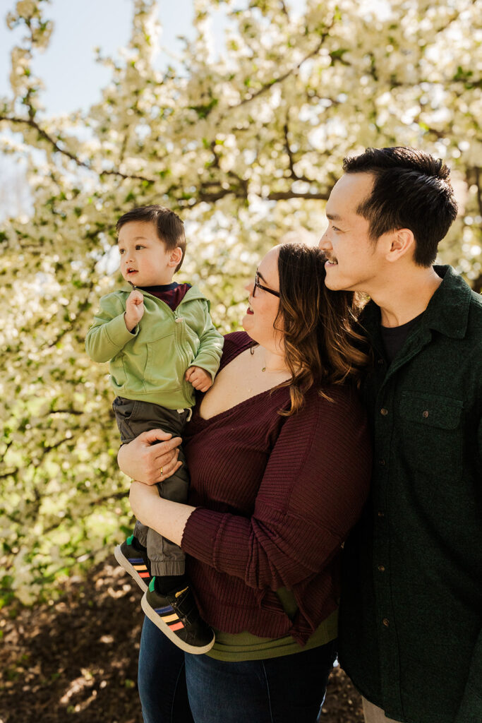 Beautiful spring flowers surrounding a family during a spring mini photo session at the Omaha OPPD Arboretum.